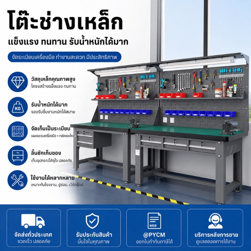 โต๊ะช่างเหล็ก หน้าคอมโพสิต โต๊ะทำงานงานหนัก เลือกได้ 53 แบบ