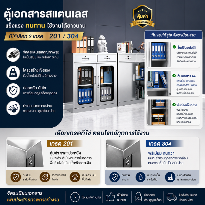 ตู้เก็บเอกสาร–ล็อกเกอร์ สแตนเลส 201/304 ครบทุกแบบ ทนทาน ไม่เป็นสนิม