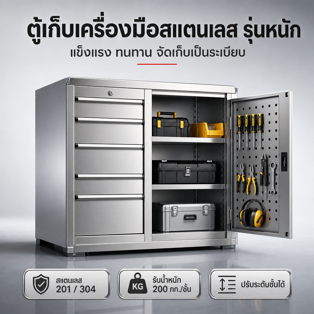 ตู้เก็บเครื่องมือสแตนเลส รุ่นหนัก 201/304 รับน้ำหนัก 200 กก./ชั้น เลือกได้ 22 แบบ