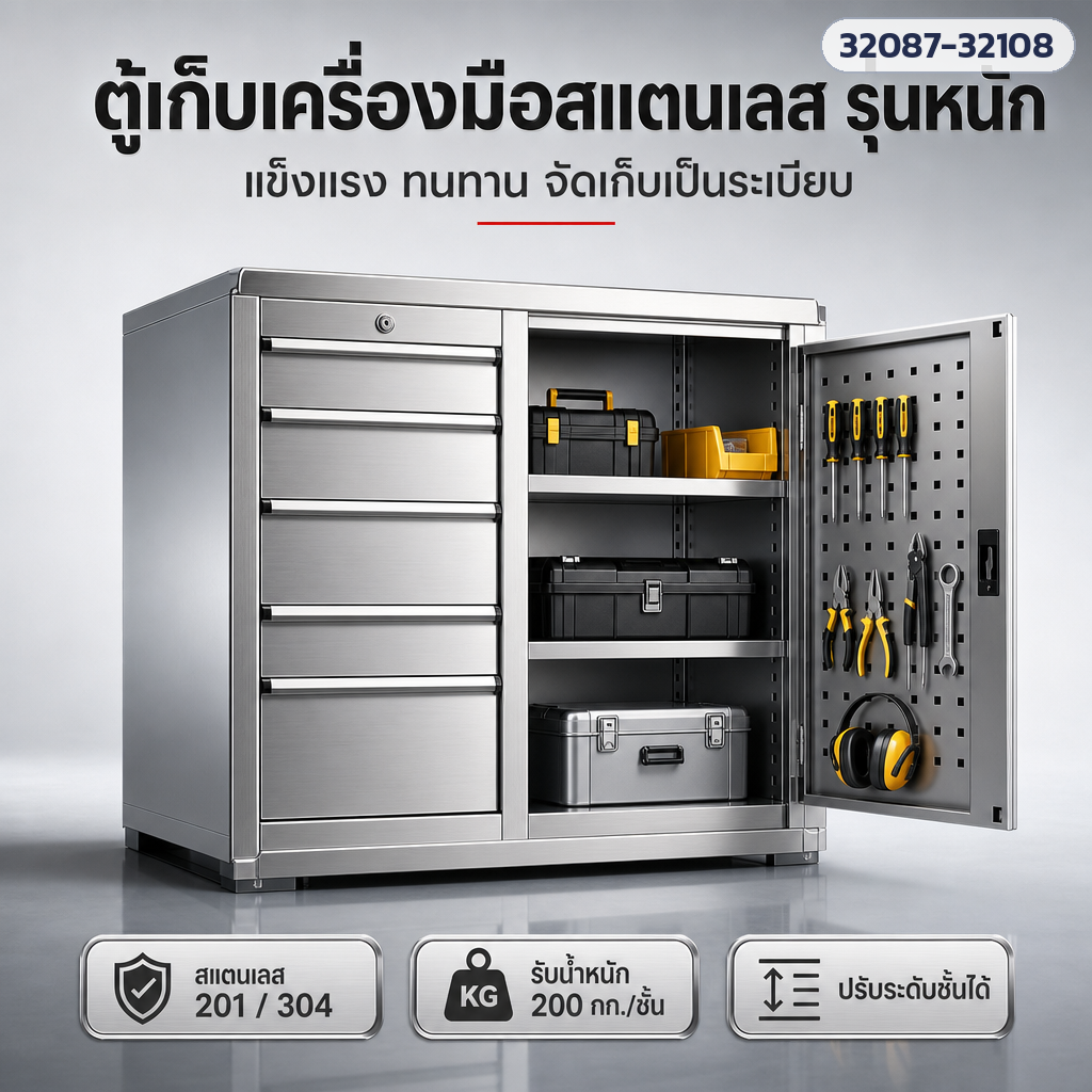 ตู้เก็บเครื่องมือสแตนเลส รุ่นหนัก 201/304 รับน้ำหนัก 200 กก./ชั้น เลือกได้ 22 แบบ