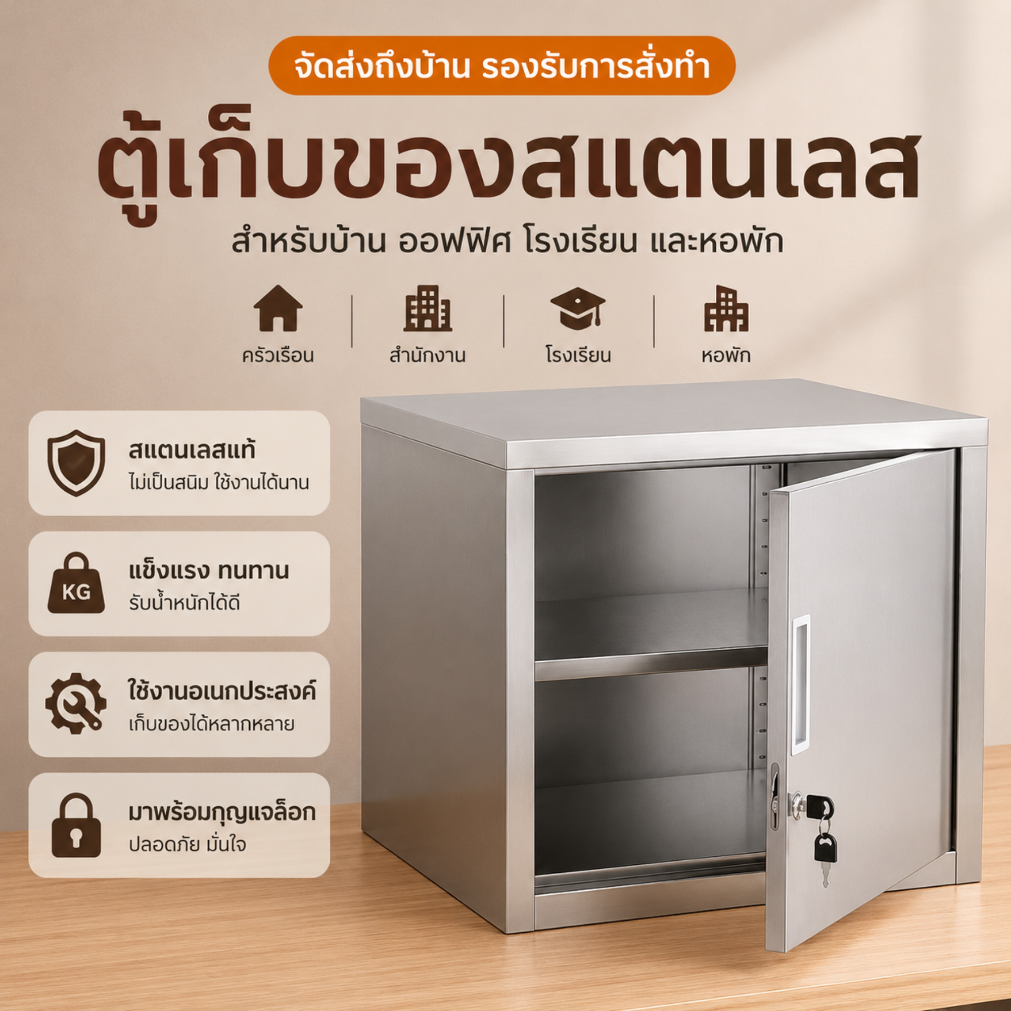ตู้เก็บของสแตนเลส 304 / เหล็กพ่นสี มีกุญแจล็อก หลายขนาด (PYCM)