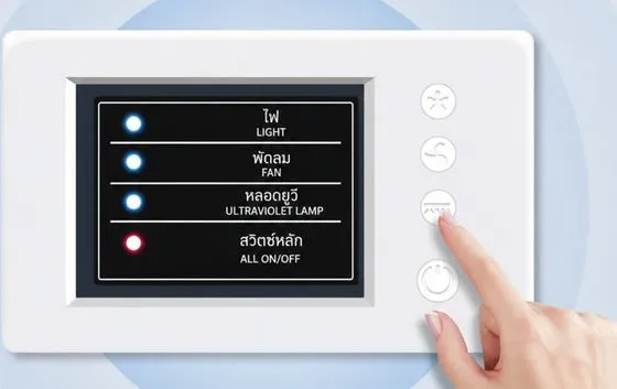 แผงควบคุม: ไฟ · พัดลม · หลอด UV · สวิตช์หลัก