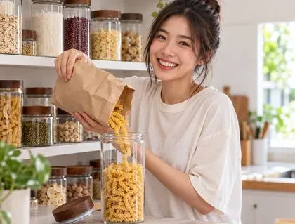 เทเส้นพาสต้าใส่โหลแก้วฝาไม้