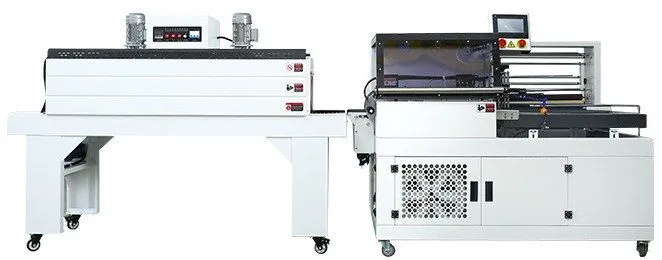 ชุดเครื่องแพ็คฟิล์มหด JBI-SN4525 (ซ้าย) ต่อกับ JBI-FQ550L (ขวา)