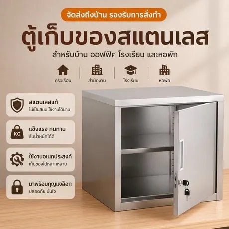 ตู้สแตนเลส 304 แบบบานเดียว มีแผ่นชั้นภายใน (ภาพตัวอย่าง)