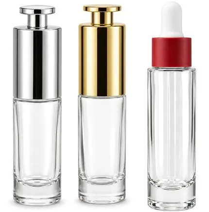 ขวดดรอปเปอร์แก้วใส หัวกดสีเงิน หัวกดสีทองอ่อน และแบบจุกยางแหวนแดง