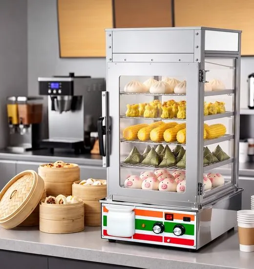 ตู้นึ่งโชว์ซาลาเปา 5 ชั้น BSW-5A / 5T วางบนเคาน์เตอร์ร้านกาแฟ