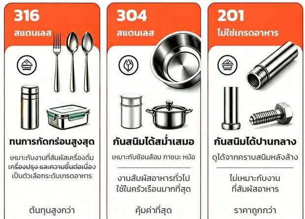 เปรียบเทียบการเลือกสแตนเลส 316 304 และ 201 สำหรับงานสัมผัสอาหาร