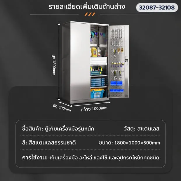 ข้อมูลสินค้าและจุดวัดขนาดตู้ตั้งพื้น — สูง 1800 × กว้าง 1000 × ลึก 500 มม. วัสดุสแตนเลส สีสแตนเลสธรรมชาติ