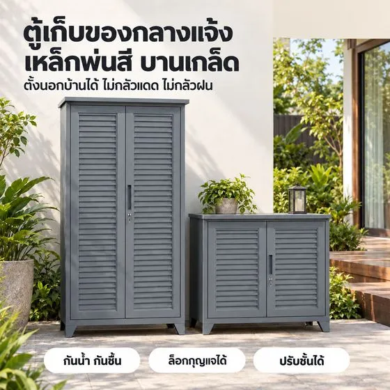 คู่มือการประกอบและการใช้งาน ตู้เก็บของกลางแจ้ง เหล็กพ่นสี บานเกล็ด สูง 120 / 150 / 185 ซม. — รหัส 33510-33543